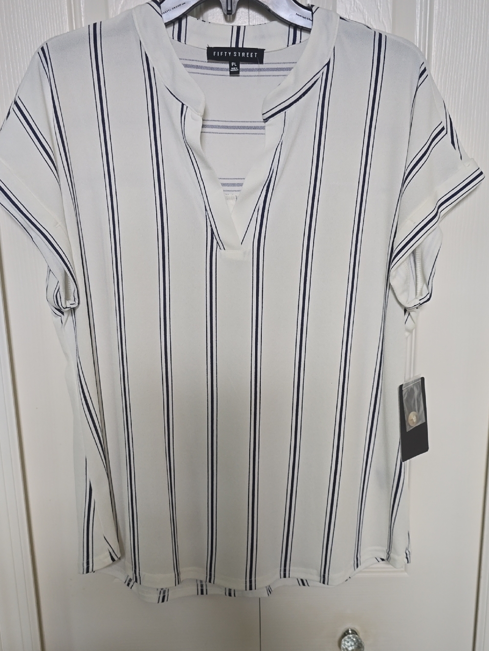 Fifty Street White and Navy Stripe V-Neck Blouse